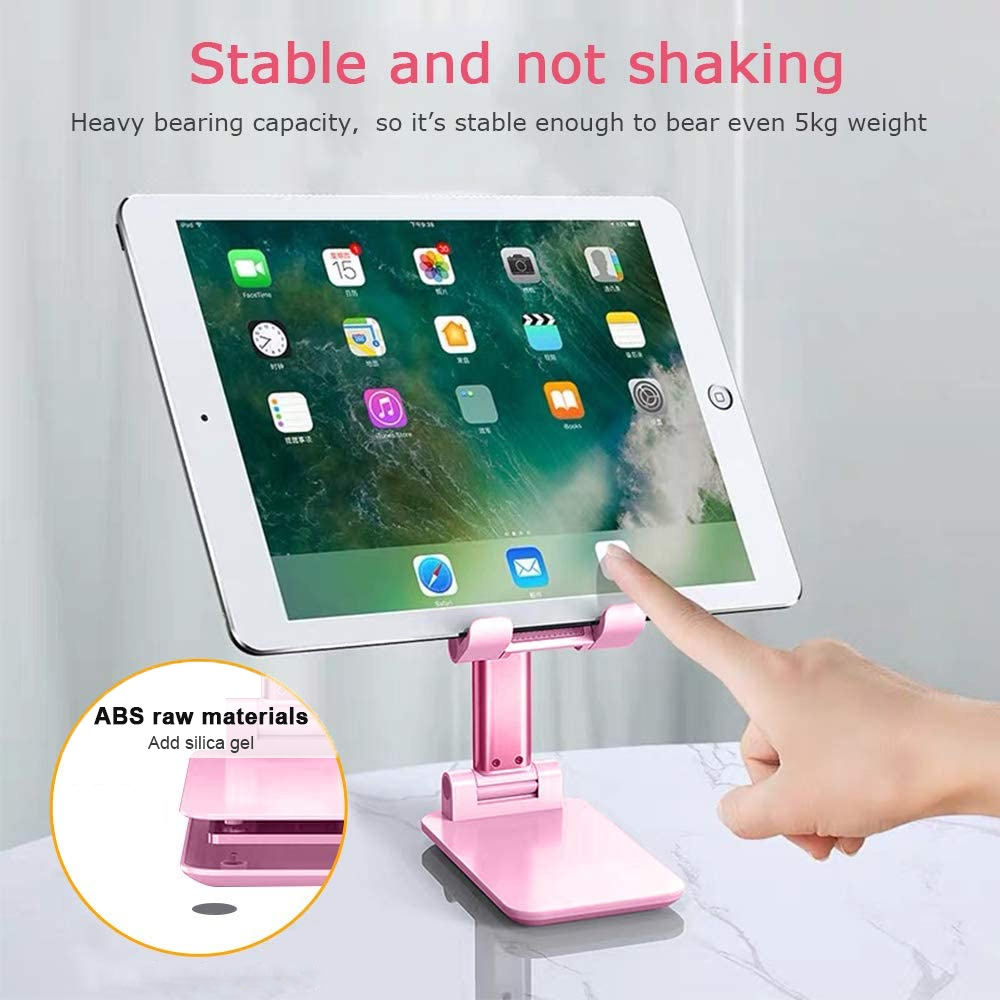 Ein rosa Tablet-Ständer hält ein Tablet. Eine Hand berührt den Bildschirm. Text oben: 'Stabil und nicht wackeln'.