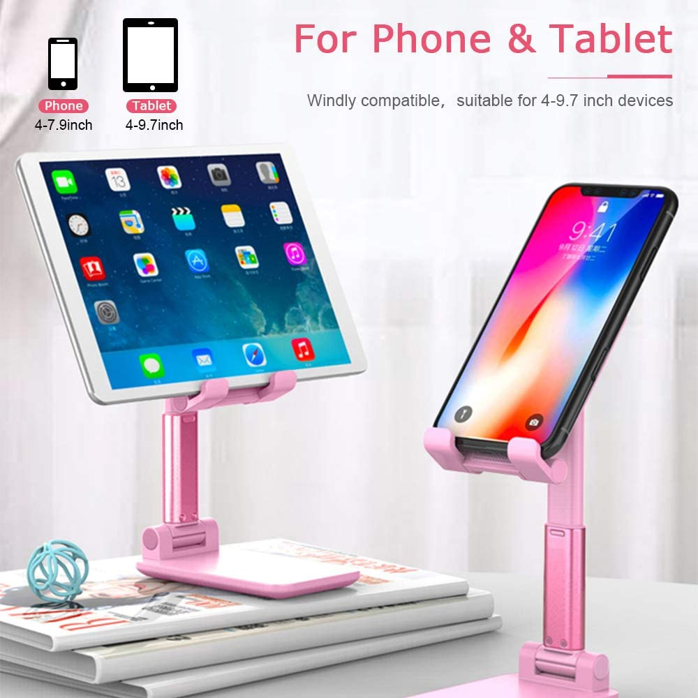 Rosa Handy- und Tablet-Ständer, die ein Tablet und ein Handy halten. Das Tablet zeigt App-Symbole, das Handy die Uhrzeit.