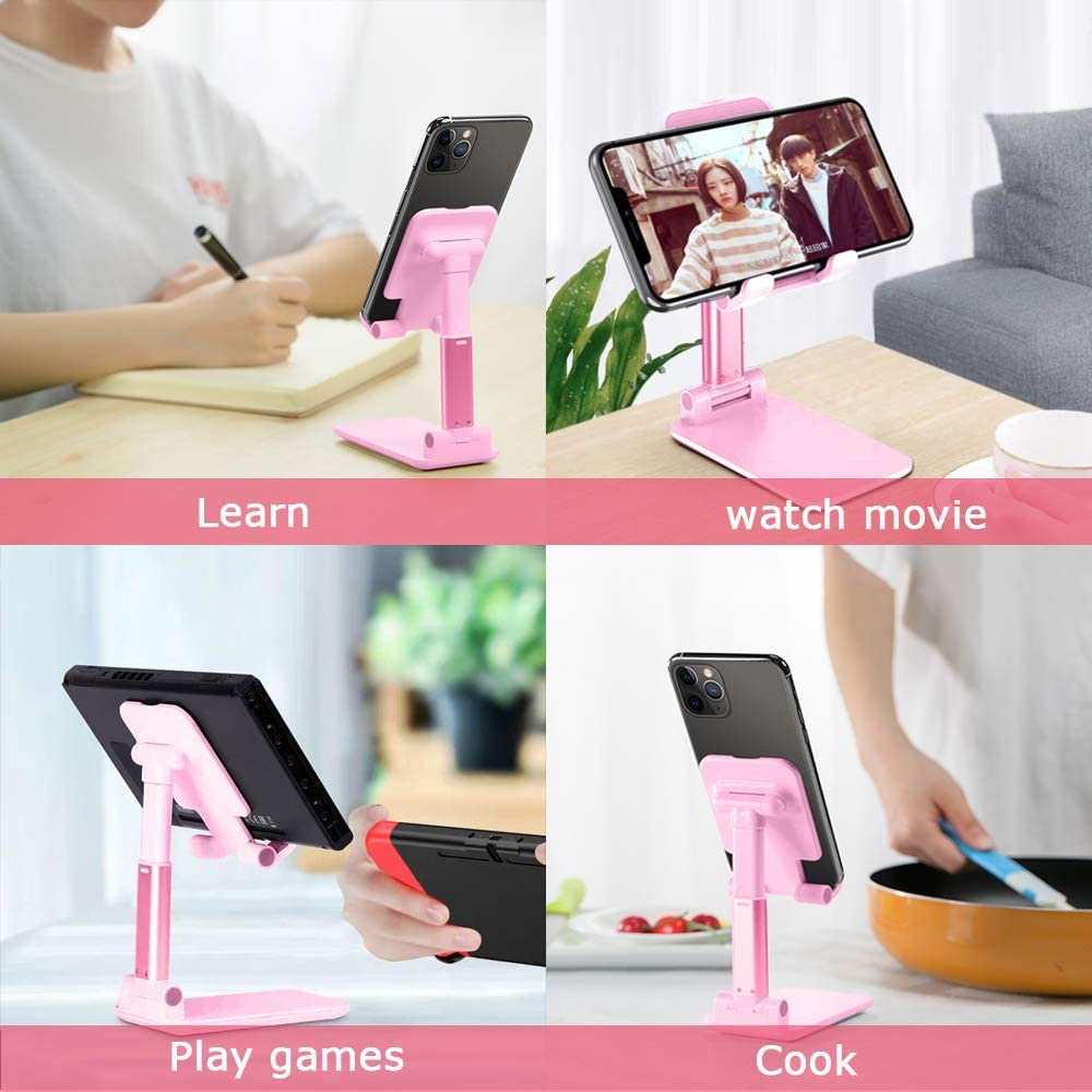 Vier Bilder zeigen einen rosa Telefonständer in verschiedenen Szenarien: Lernen, Filme ansehen, Spiele spielen und Kochen. Jedes Szenario verwendet den Ständer.