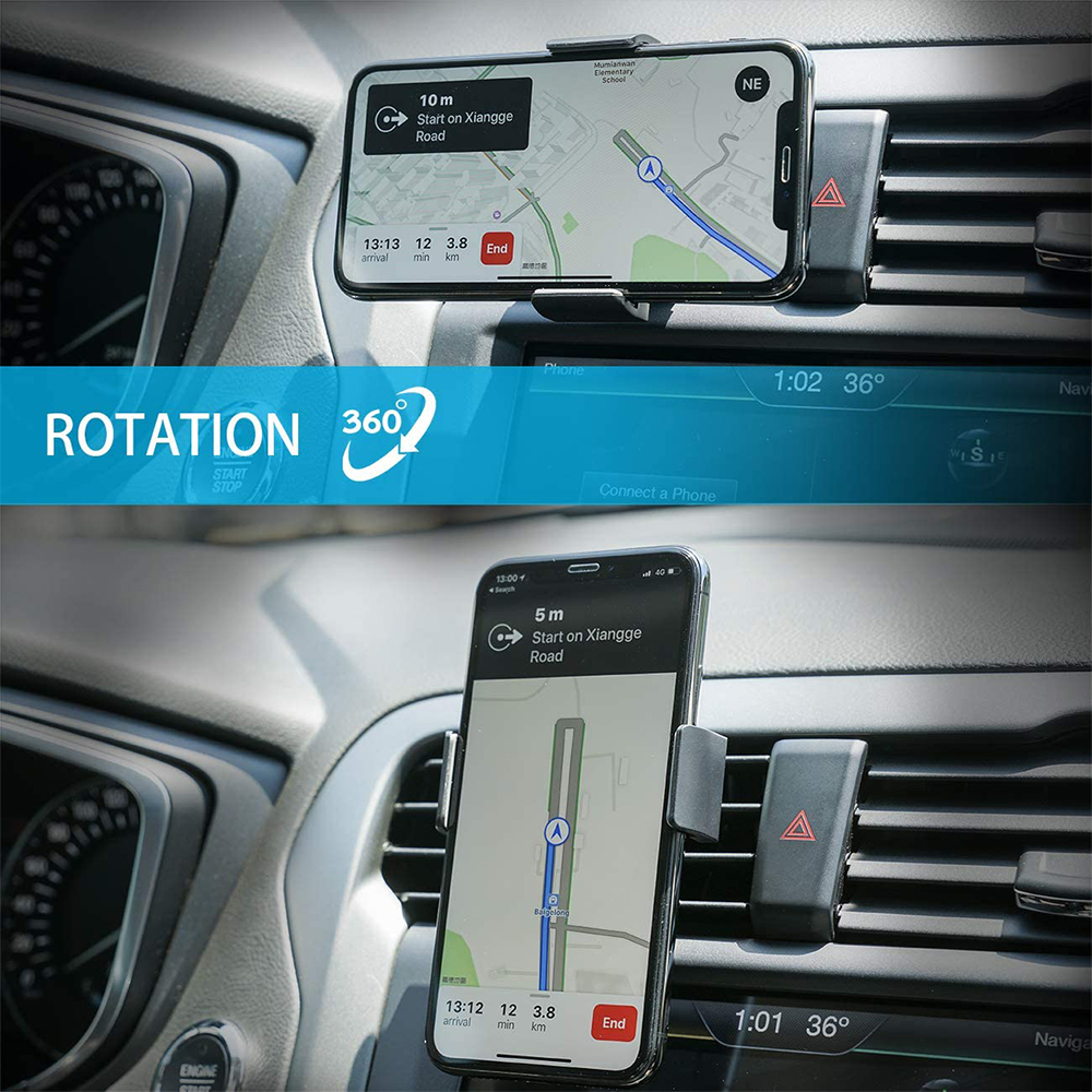 Ein Telefon mit Navigations-App ist im Auto montiert. Der Bildschirm zeigt Wegbeschreibungen. Armaturenbrett und Lüftungsschlitze sind sichtbar.
