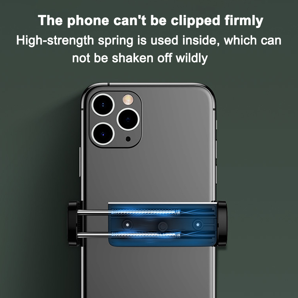 Ein Smartphone mit einem Telefonhalter. Der Halter hat einen blauen, federbelasteten Mechanismus, um das Telefon festzuhalten.