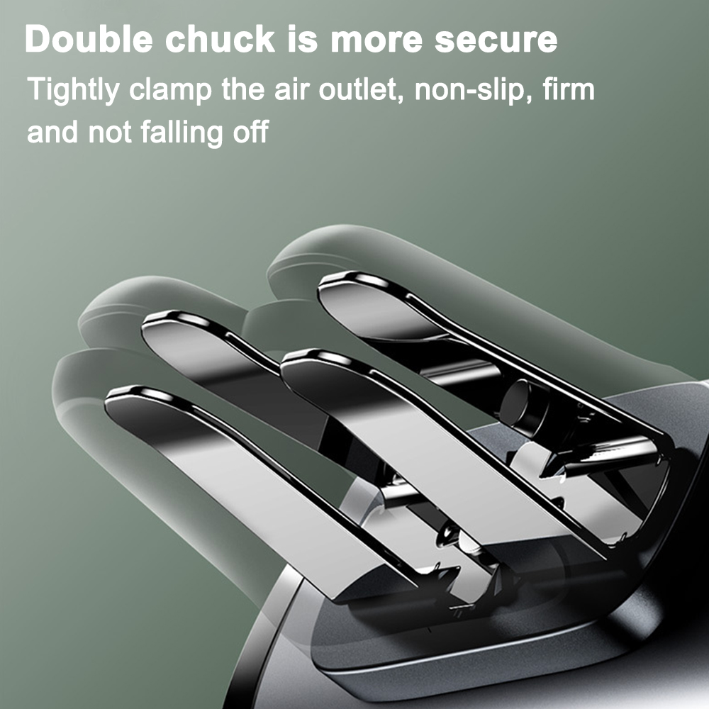 Nahaufnahme eines Auto-Luftauslassclips mit drei Metallzinken. Der Text oben lautet: "Double chuck is more secure."