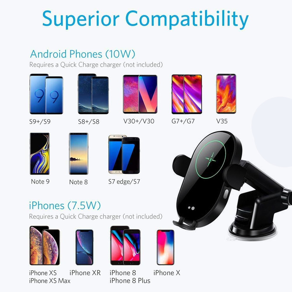 Das Bild zeigt Telefone und eine Autotelefonhalterung. Android und iPhones sind aufgeführt. Der Titel lautet Superior Compatibility.
