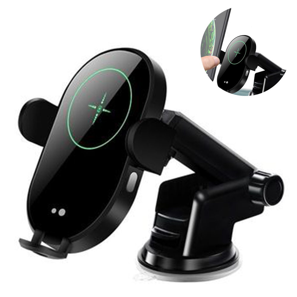 Ein schwarzer Autotelefonhalter mit grünem kabellosem Ladesymbol. Er hat einen Saugfuß und einen verstellbaren Arm.