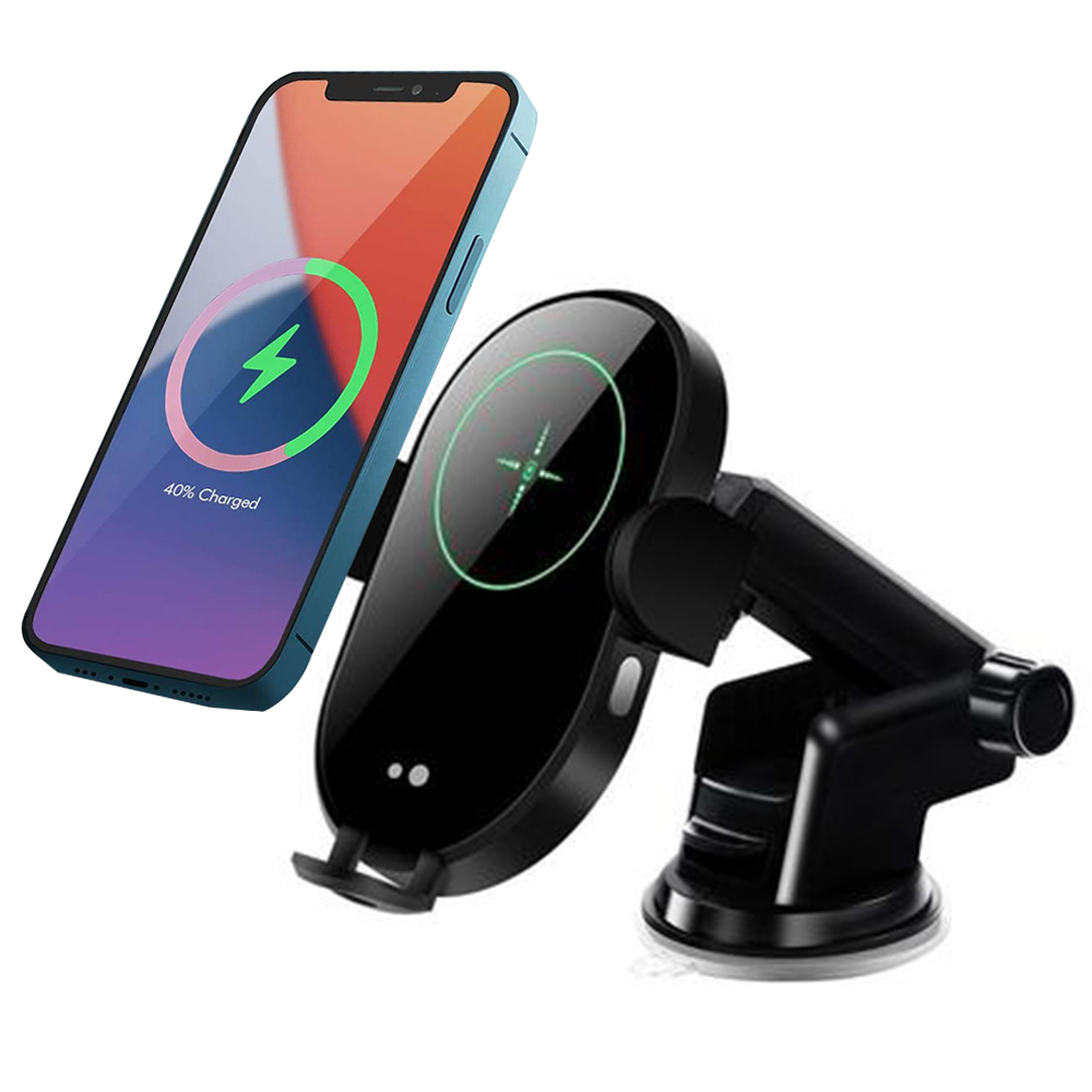 Ein Smartphone lädt auf einem schwarzen Autotelefonhalter. Der Bildschirm zeigt ein Ladesymbol und 40 % geladen an.