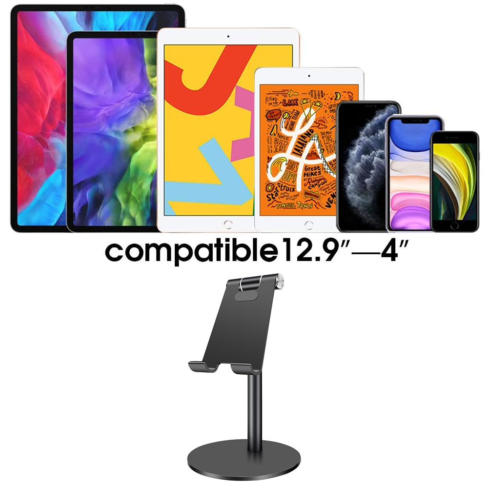 Eine Reihe von Tablets und Telefonen wird über einem schwarzen Ständer angezeigt. Der Text "compatible 12.9"-4"" steht unter den Geräten.