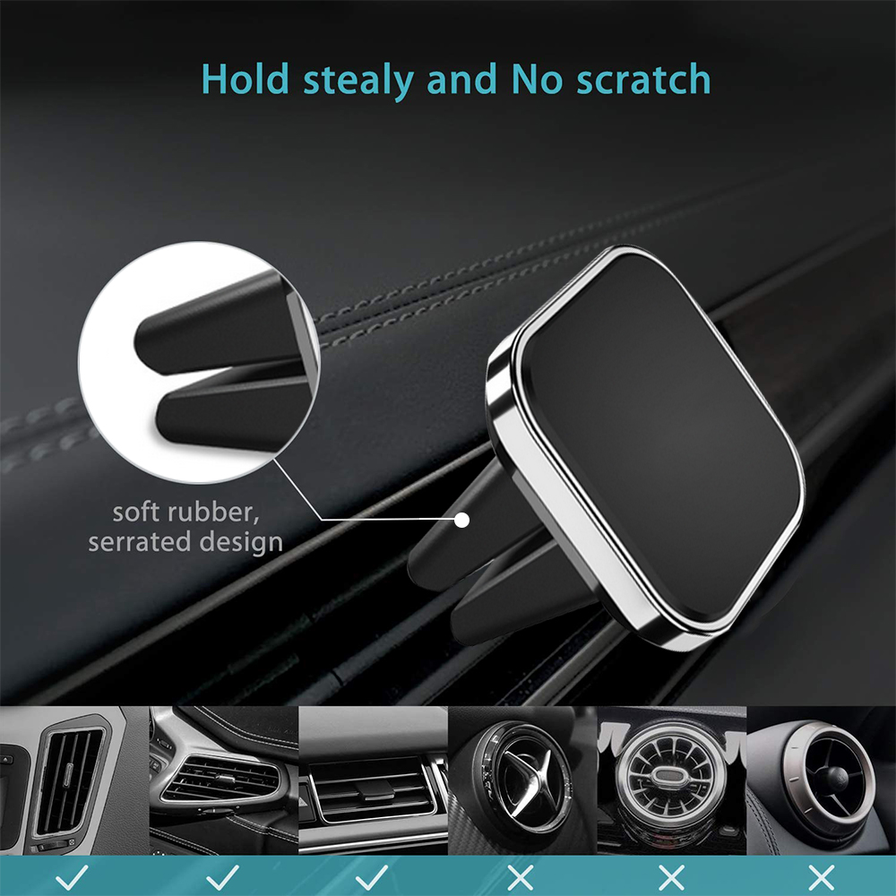 Ein schwarzer und silberner Autotelefonhalter an einer Autolüftung befestigt. Text: 'Hold stealy and No scratch'. Weiches Gummi, gezahntes Design.