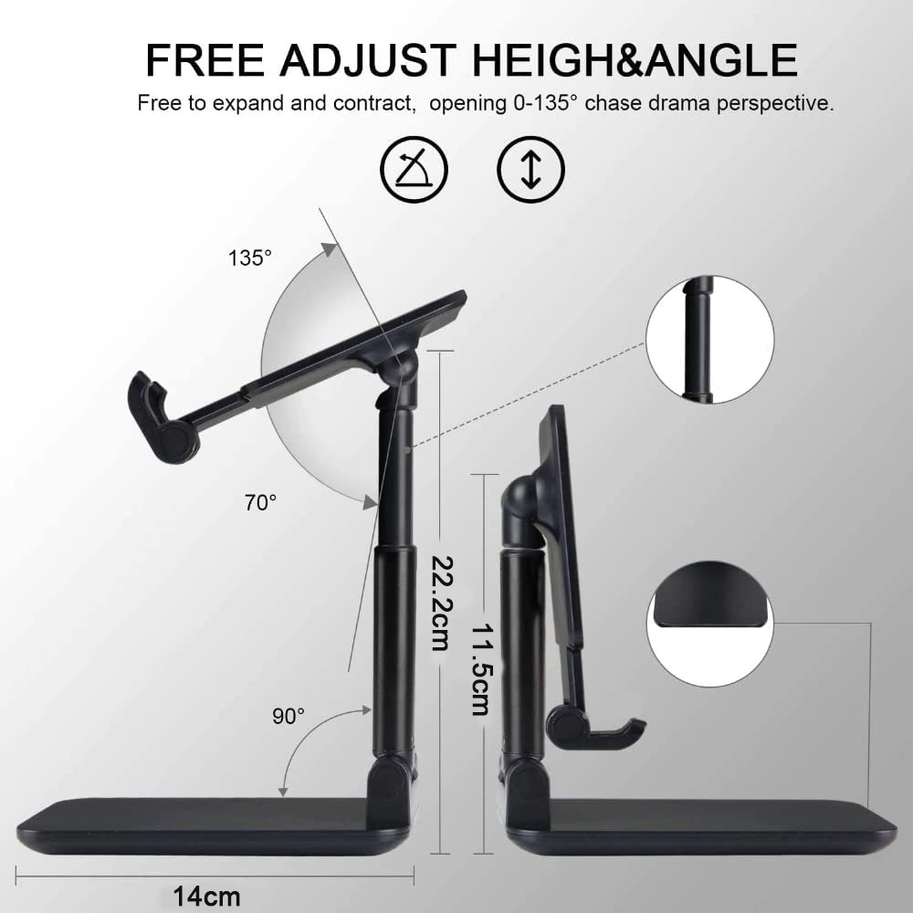 Schwarzer Telefonständer mit einstellbarer Höhe und Winkel. Abmessungen beschriftet. Text lautet "FREE ADJUST HEIGH&ANGLE".