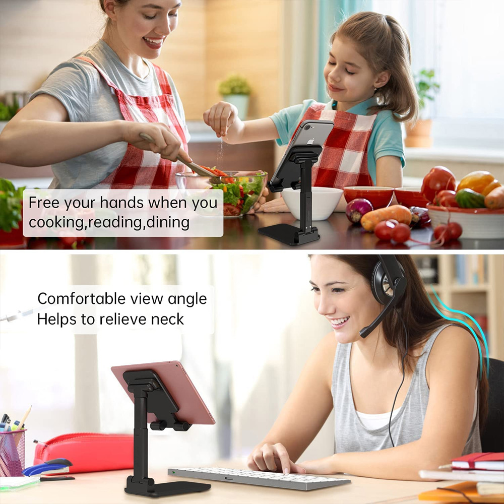 Zwei Frauen und ein Mädchen kochen, mit einem Telefonständer in der Küche. Die Frau benutzt einen Tablet-Ständer am Schreibtisch.