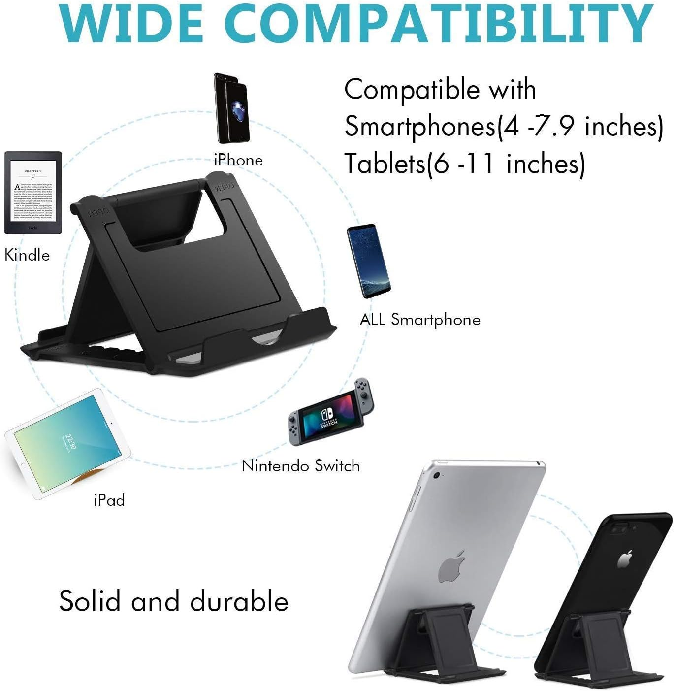 Schwarzer Telefonständer mit Geräten wie iPhone, iPad, Kindle und Nintendo Switch. Text besagt breite Kompatibilität und solide Haltbarkeit.
