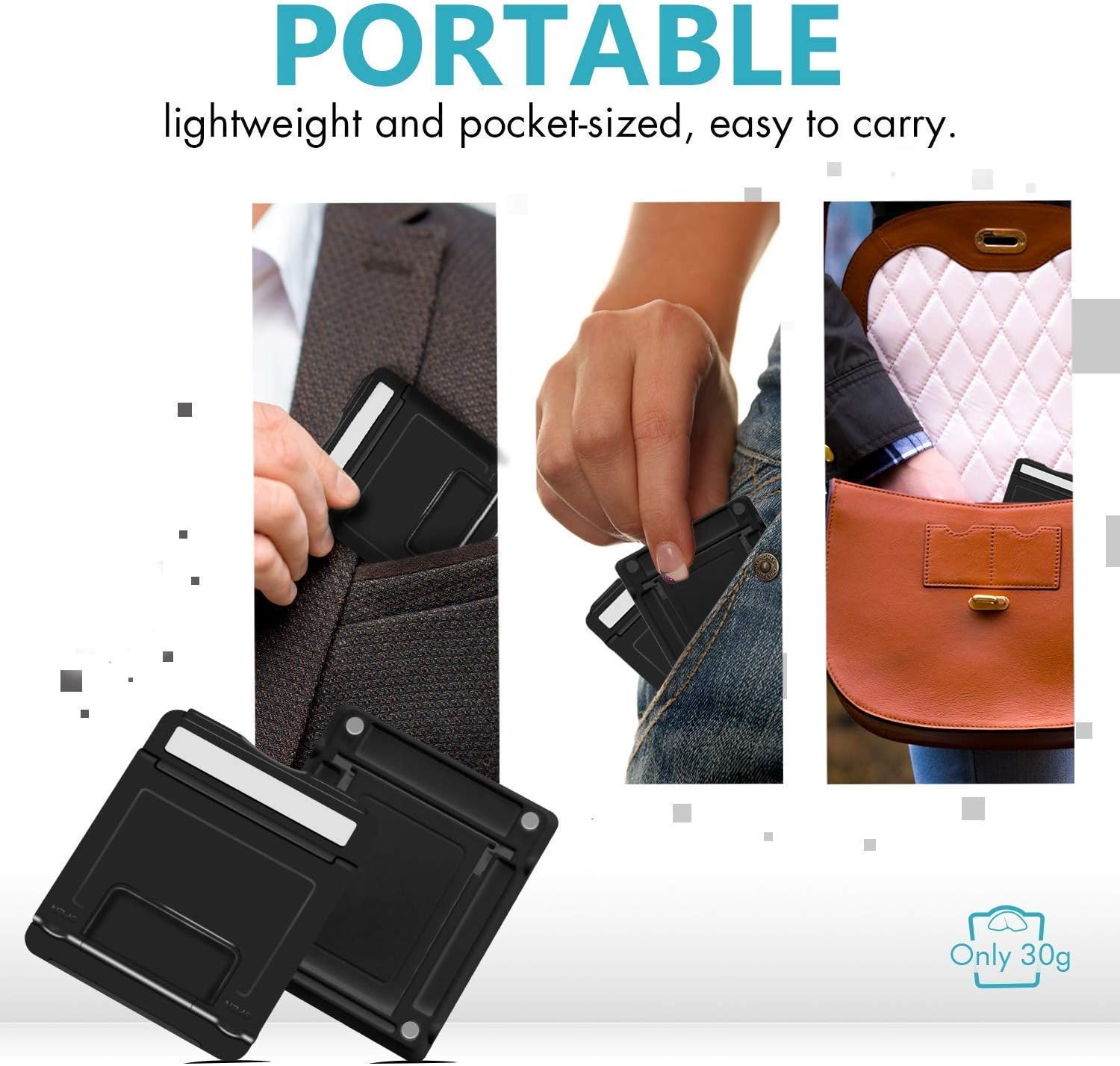 Das Bild zeigt einen faltbaren Telefonständer, der in Taschen und eine Handtasche gesteckt wird. Der Text lautet 'PORTABLE' und 'leicht und taschengroß, einfach zu tragen'.