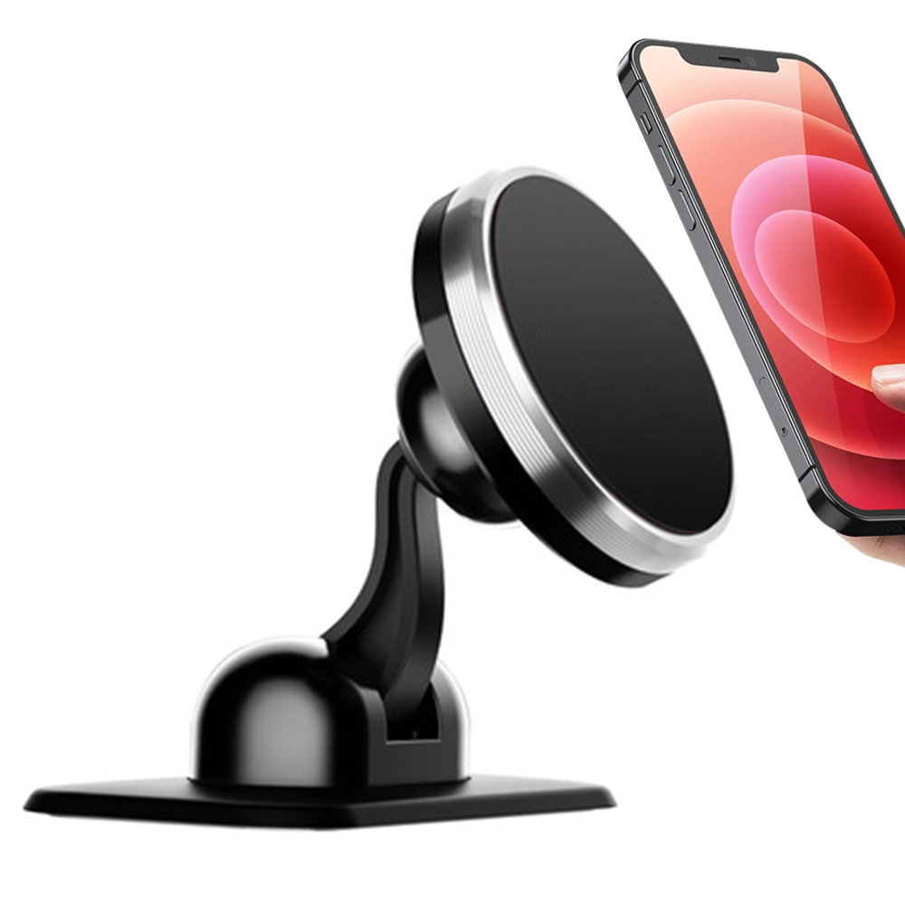 Eine schwarze Autotelefonhalterung mit einem silbernen Ring um den Magnetkopf, die ein Telefon mit rotem und orangefarbenem Bildschirm hält.