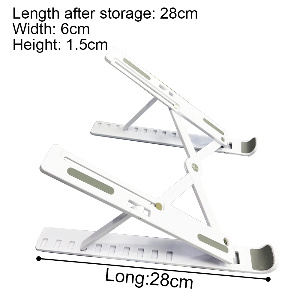 Weißer Laptop-Ständer, verstellbar, mit den Maßen: 28 cm lang, 6 cm breit und 1,5 cm hoch. Text beschriftet die Länge.