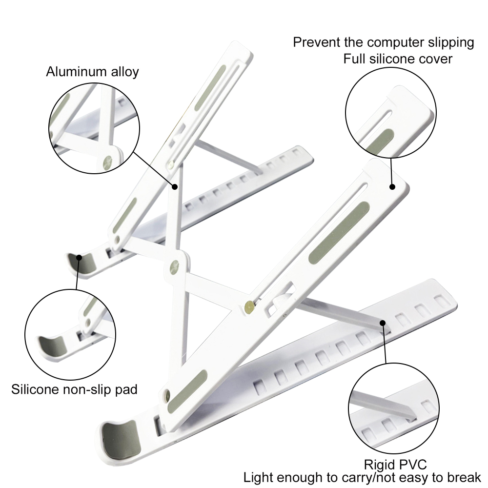 Weißer Laptop-Ständer mit Aluminiumlegierung, Silikonpads und PVC. Er verhindert Verrutschen und ist leicht zu transportieren.