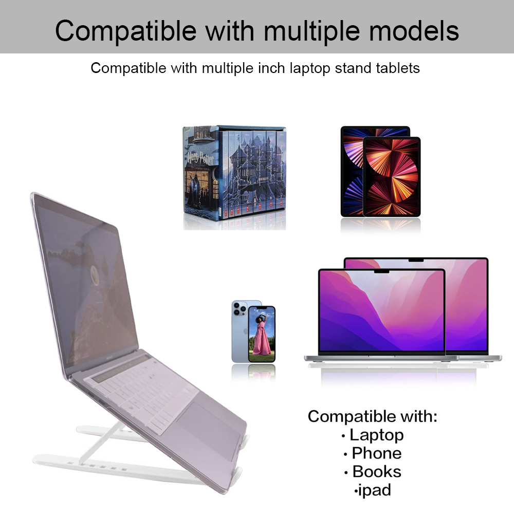 Ein Laptop auf einem weißen Ständer, neben einem Telefon, Büchern und iPads. Text besagt Kompatibilität mit mehreren Geräten.