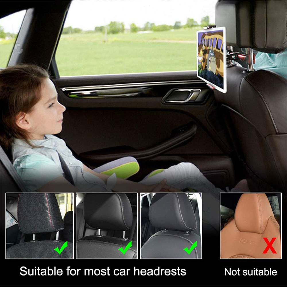 Ein Kind im Auto schaut auf einen Bildschirm, der an der Kopfstütze befestigt ist. Das Bild zeigt geeignete und ungeeignete Kopfstützen.
