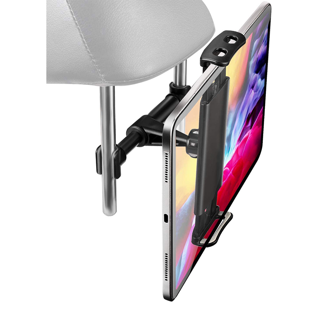 Ein Tablet ist an einer Kopfstütze befestigt. Das Tablet zeigt farbenfrohe Bilder. Eine schwarze Halterung wird an den Stangen befestigt.