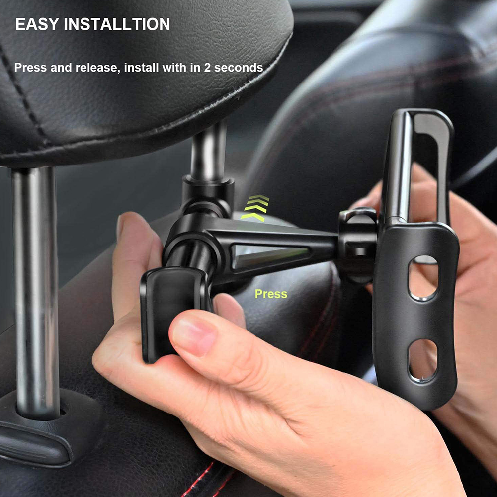 Hand drückt einen schwarzen Telefonhalter für die Kopfstütze im Auto. Text: 'EINFACHE INSTALLATION', 'Drücken und loslassen, in 2 Sekunden installieren'.