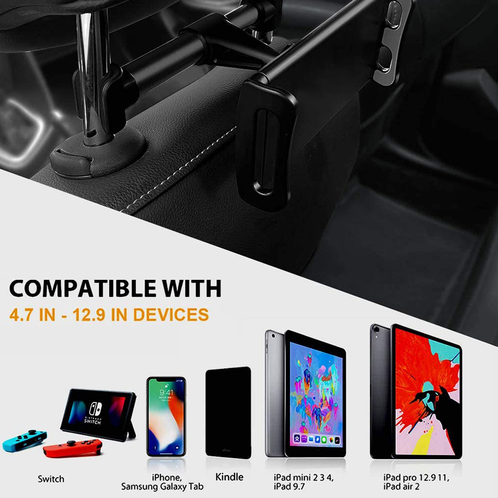Bild zeigt eine schwarze Autokopfstützenhalterung mit Geräten wie Switch, iPhone, Kindle und iPad. Text: Kompatibel mit 4,7 Zoll - 12,9 Zoll Geräten.