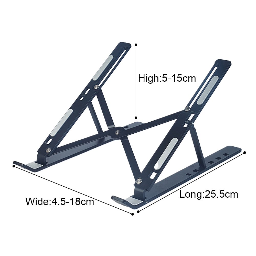 Ein schwarzer Laptop-Ständer wird angezeigt. Die Maße sind beschriftet: Breite 4,5-18 cm, Höhe 5-15 cm und Länge 25,5 cm. Er ist offen und einsatzbereit.