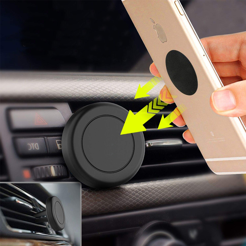 Ein Telefon wird an einer magnetischen Autohalterung befestigt. Das Telefon ist goldfarben, die Halterung schwarz, und Pfeile zeigen die Aktion an.