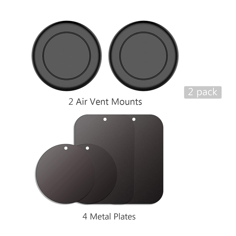 Schwarze Lüftungshalterungen und Metallplatten. Zwei runde Halterungen, zwei runde und zwei quadratische Platten.