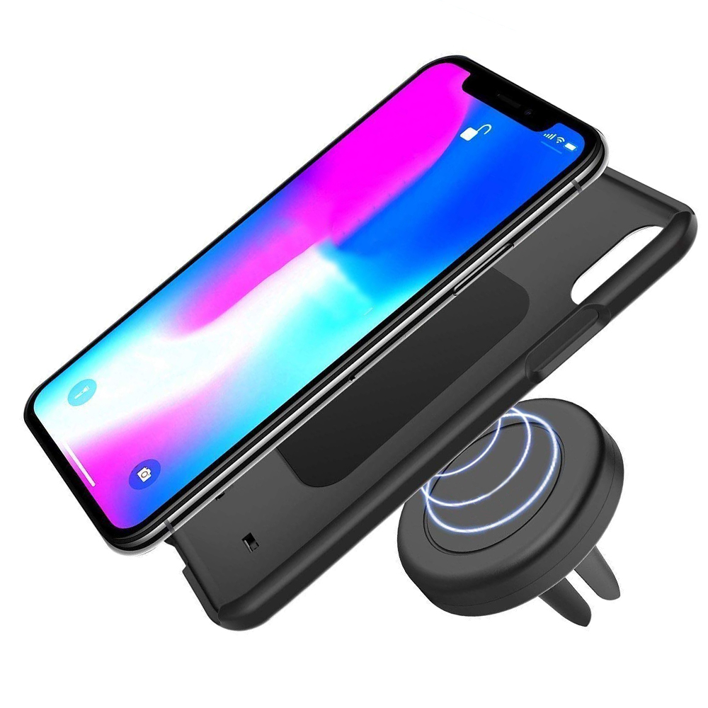 Ein Telefon in einer schwarzen Hülle mit einer Kfz-Lüftungshalterung. Der Bildschirm zeigt ein buntes abstraktes Bild. Das Telefon ist entsperrt.