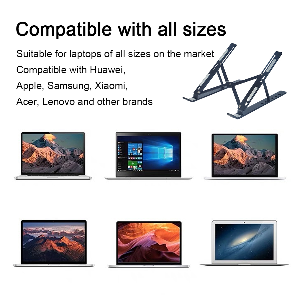 Das Bild zeigt einen Laptop-Ständer und mehrere Laptops. Der Text lautet 'Kompatibel mit allen Größen' und listet Laptop-Marken auf.