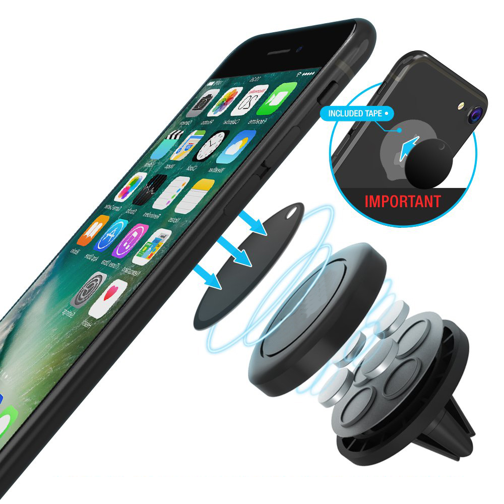 Schwarzes Telefon mit Apps, magnetische Autohalterungskomponenten. Eine schwarze Telefonhülle und eine Magnetbefestigung sind abgebildet.