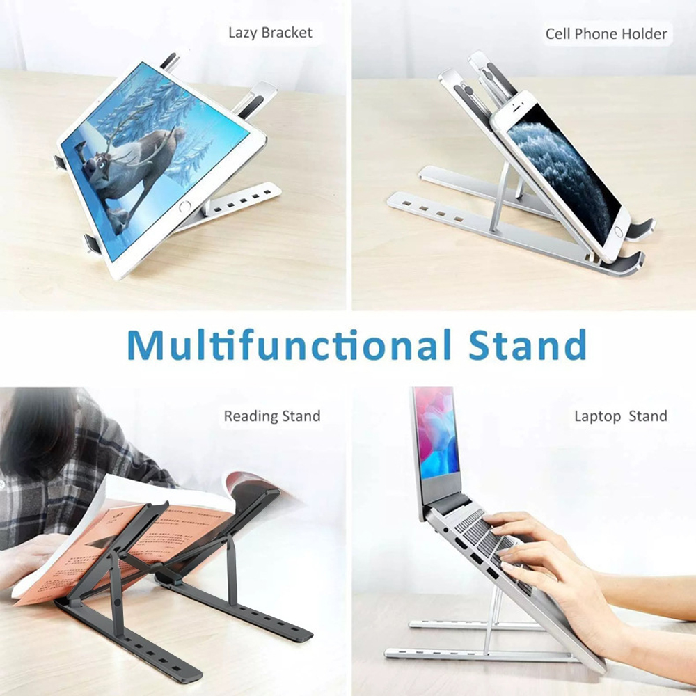 Ein multifunktionaler Ständer. Es zeigt ein Tablet, Telefon, Buch und Laptop auf Ständern. Jeder Ständer hat ein anderes Design. Weißer Hintergrund.