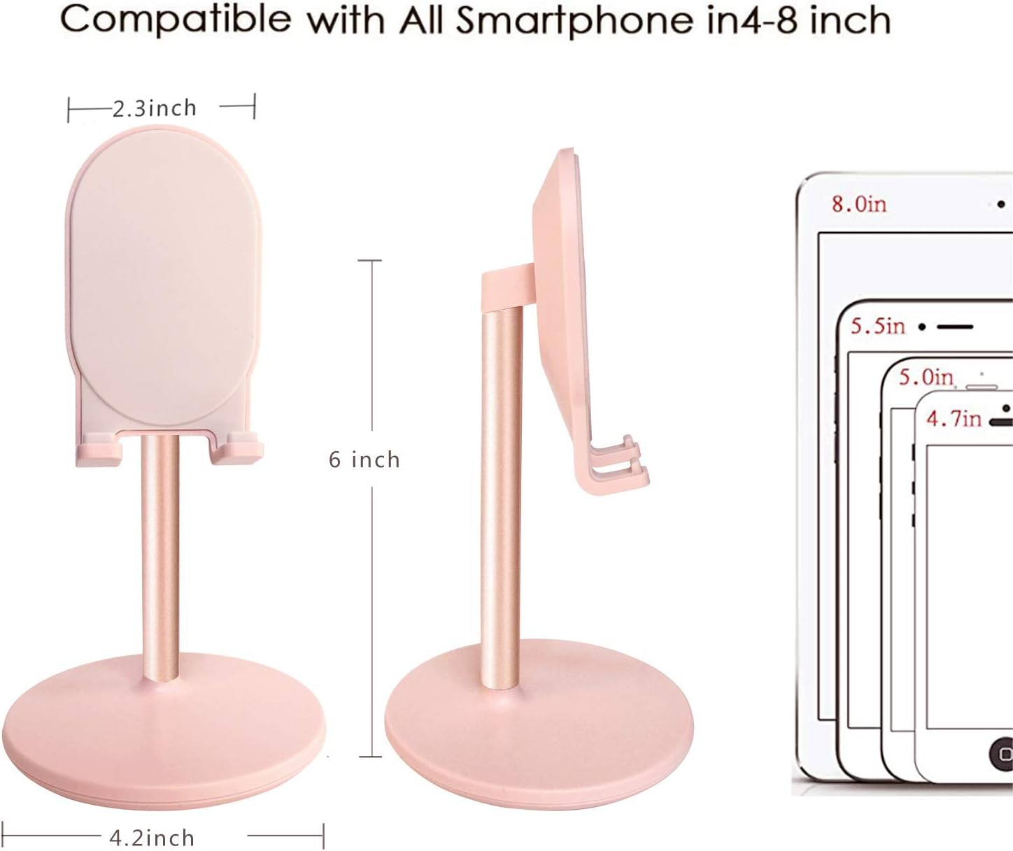 Rosa Telefonständer mit Maßangaben. Drei Telefonumrisse zeigen die Kompatibilität. Text lautet: Kompatibel mit allen Smartphones von 4-8 Zoll.
