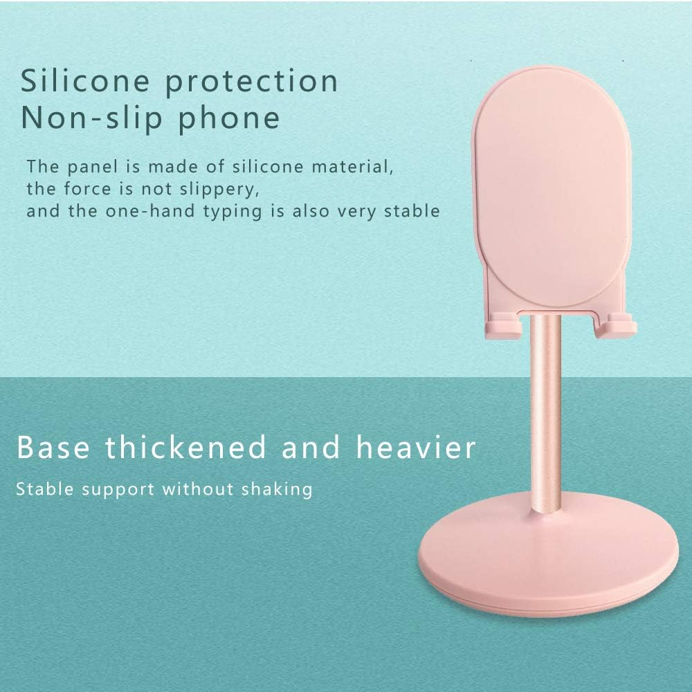 Ein rosa Handy-Ständer mit rundem Fuß und Halterung. Text links beschreibt die Eigenschaften: Silikonschutz.