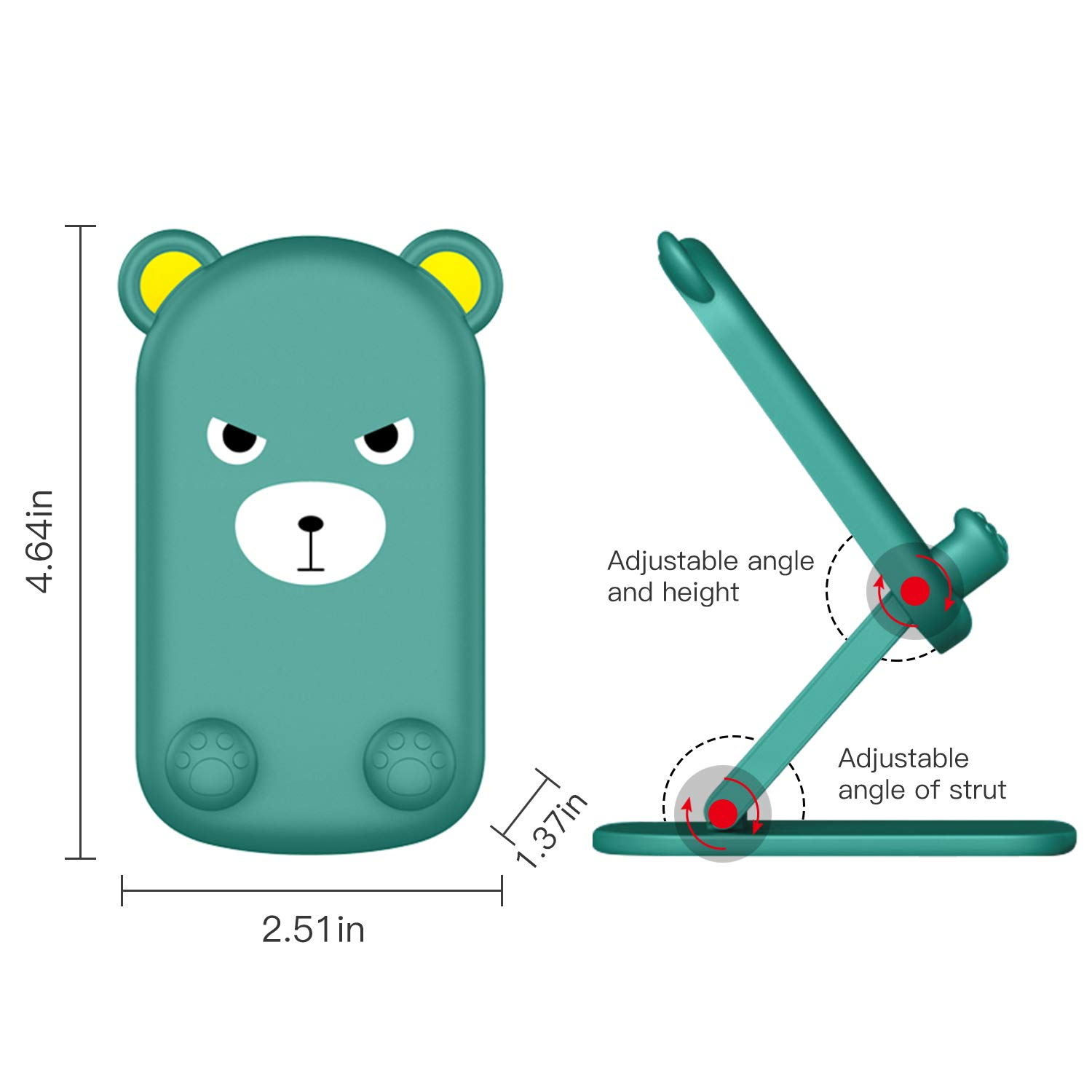 Ein teal Bärenförmiger Telefonständer neben einem verstellbaren Ständer. Der Bär hat gelbe Ohren, und der Ständer hat verstellbare Winkel und Höhe.