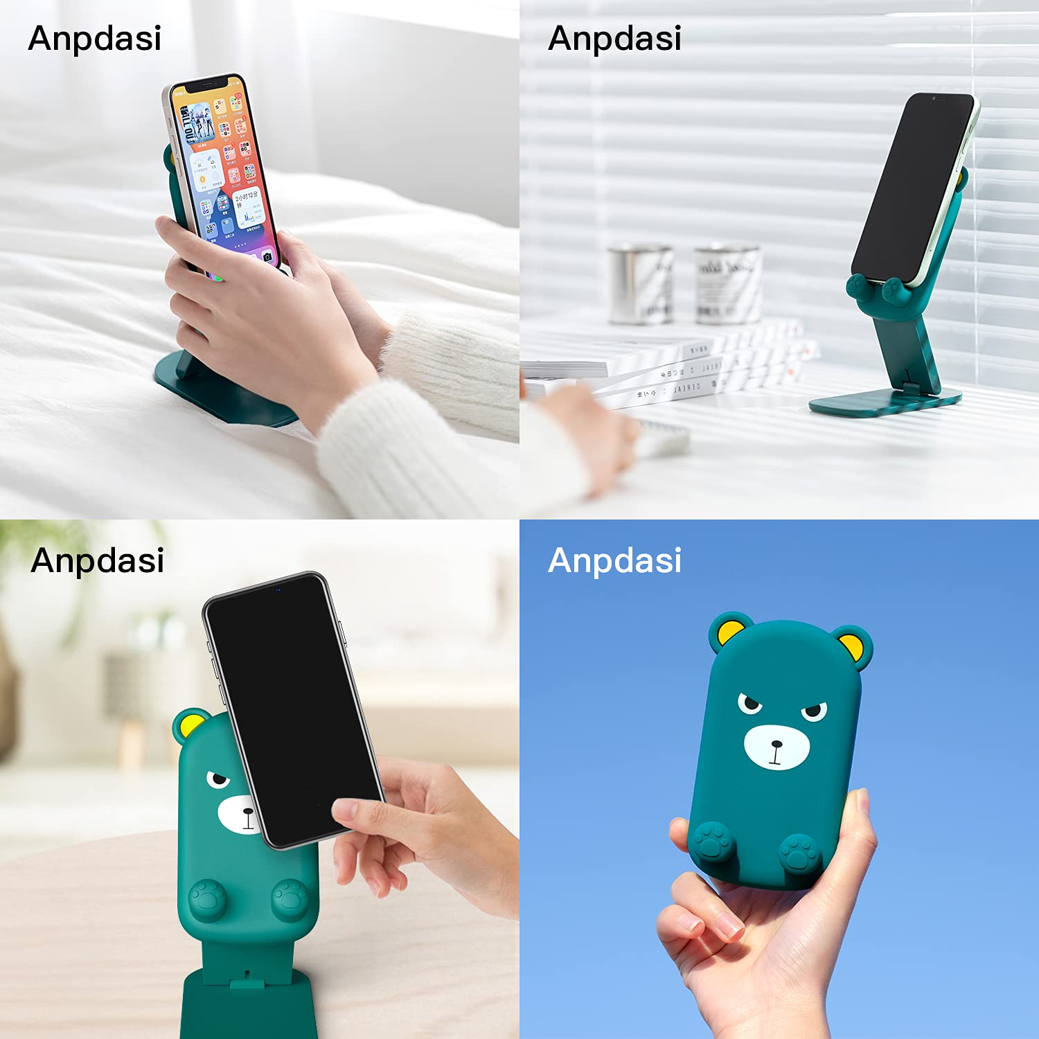 Hände halten Telefon in einem bärenförmigen Halter. Telefon zeigt Apps. Bett im Hintergrund.