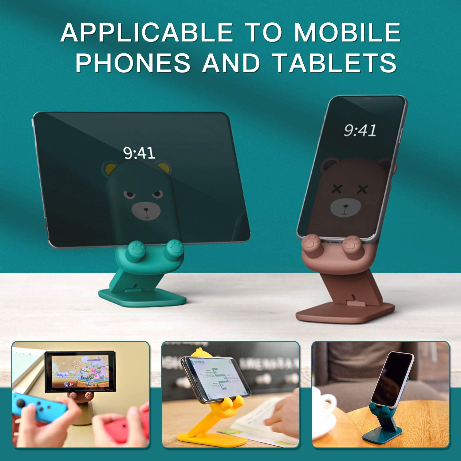 Das Bild zeigt Handy- und Tablet-Ständer. Sie sind bärenförmig und halten Geräte. Verschiedene Farben und Verwendungen werden dargestellt. Der Text oben lautet: GEEIGNET FÜR MOBILTELEFONE UND TABLETS.