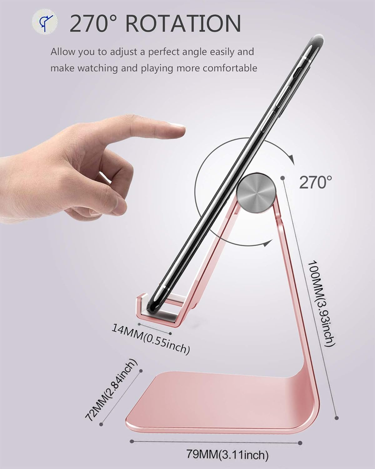 Ein Handy-Ständer mit einem Handy darauf. Der Ständer ist roségoldfarben, mit beschrifteten Abmessungen. Eine Hand zeigt auf das Handy.