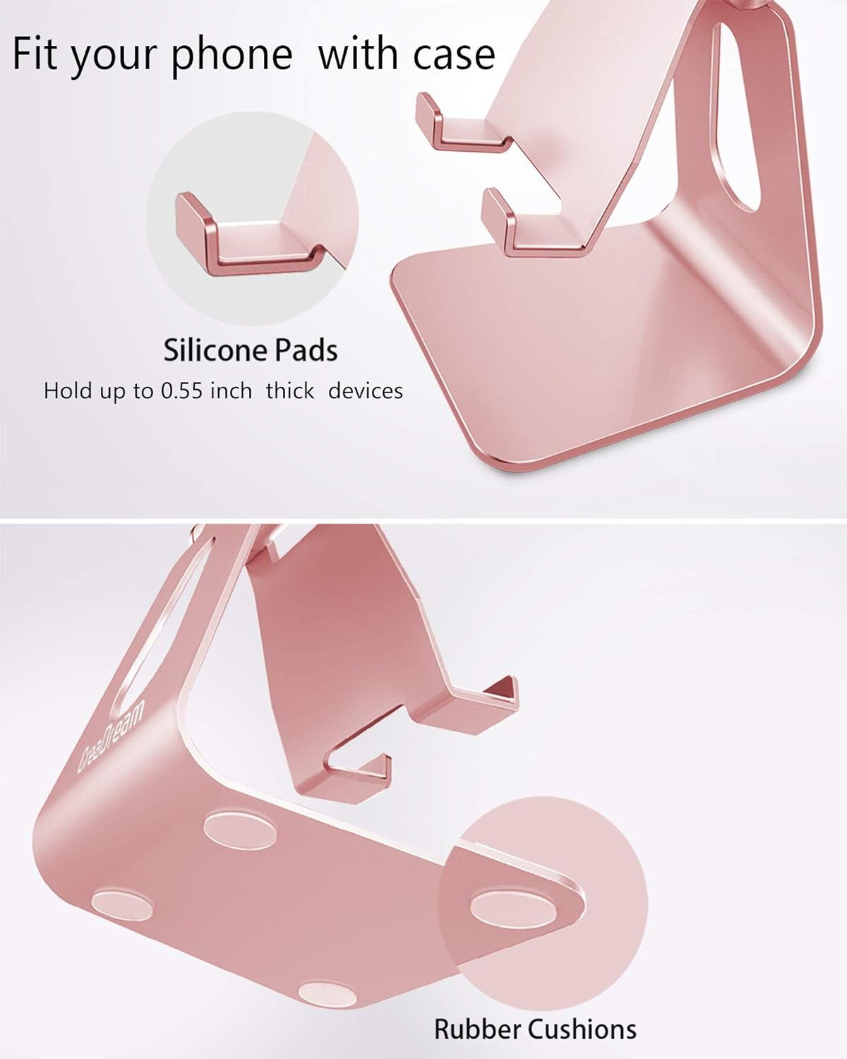 Ein rosa Handy-Ständer mit Silikonpads und Gummipuffern. Text: Passen Sie Ihr Telefon mit Hülle, Silikonpads und Gummipuffern.