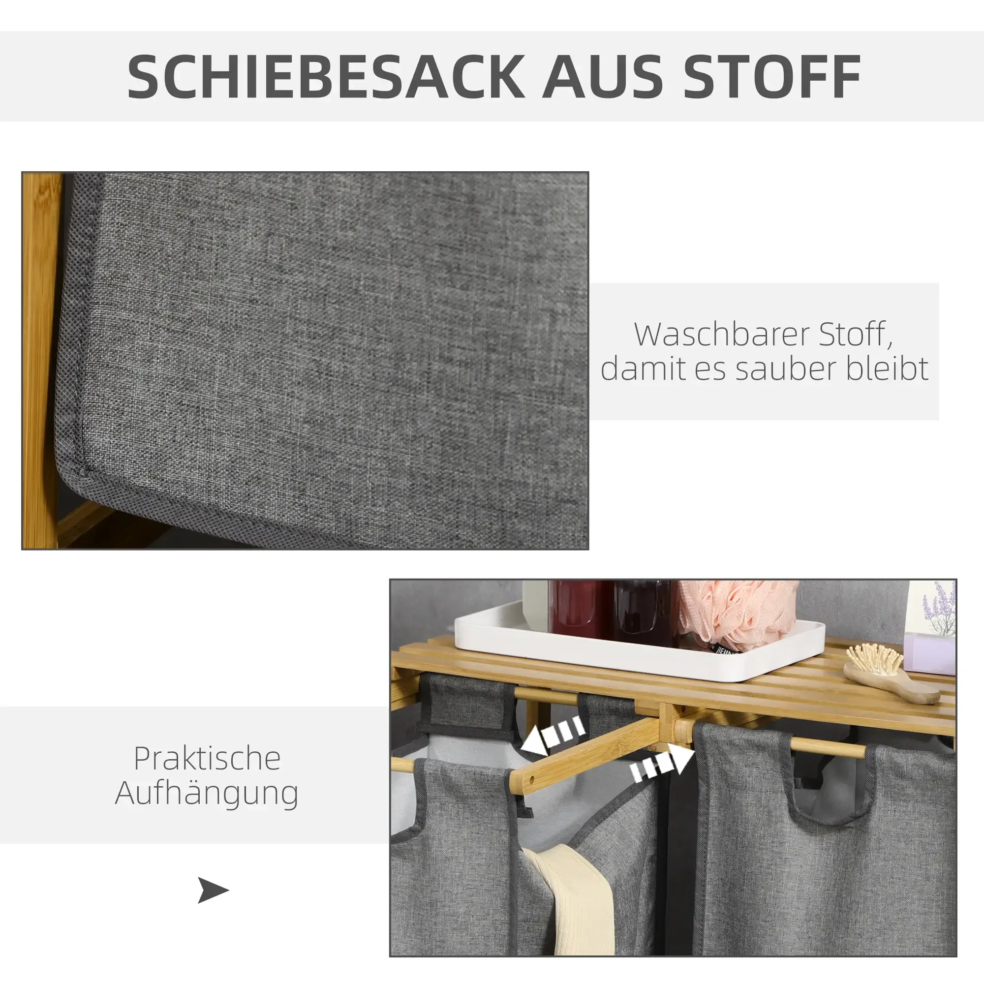 Gezeigt wird ein grauer Stoff-Wäschesack. Der Beutel hängt an einem Holzrahmen. Es gibt Text auf Deutsch. Der Wäschesack ist waschbar.