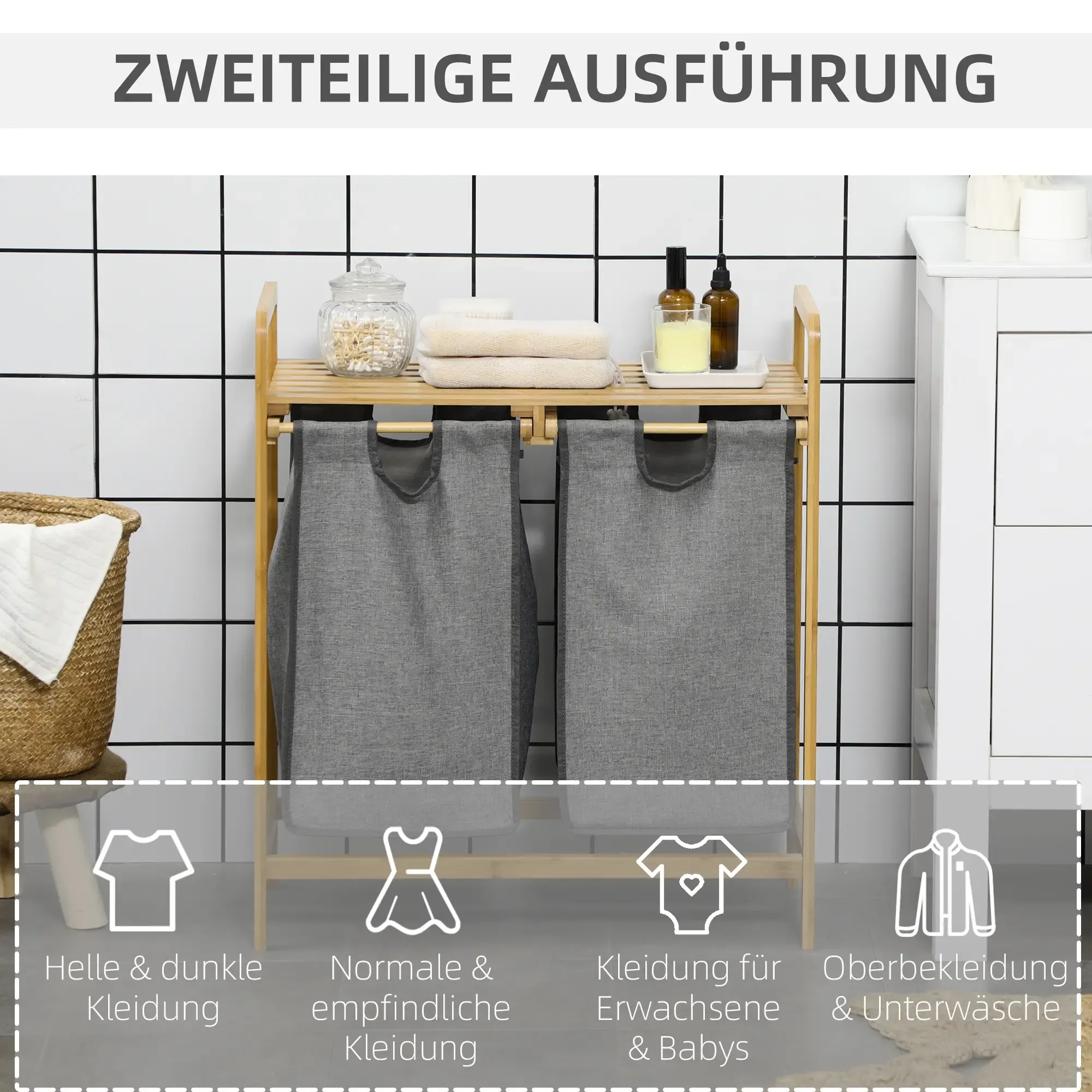 Ein Bambus-Wäschesortierer mit zwei Fächern, Handtüchern und Toilettenartikeln. Symbole unten kategorisieren Kleidung.