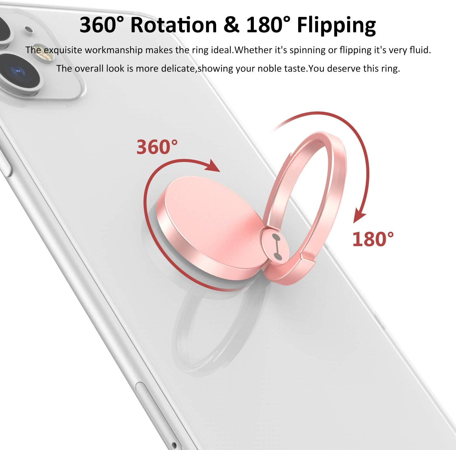 Ein Telefon mit einem roségoldenen Ringhalter, gekennzeichnet mit 360°-Drehung und 180°-Klappung, auf weißem Hintergrund.