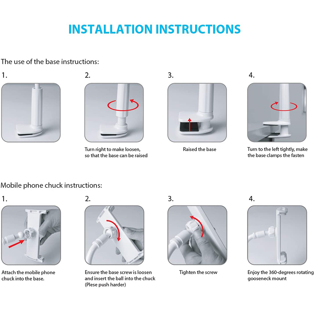 Installationsanweisungen. Zeigt Diagramme einer Telefonhalterungsbaugruppe. Die Schritte umfassen Basis- und Handy-Chuck-Anweisungen mit Pfeilen.
