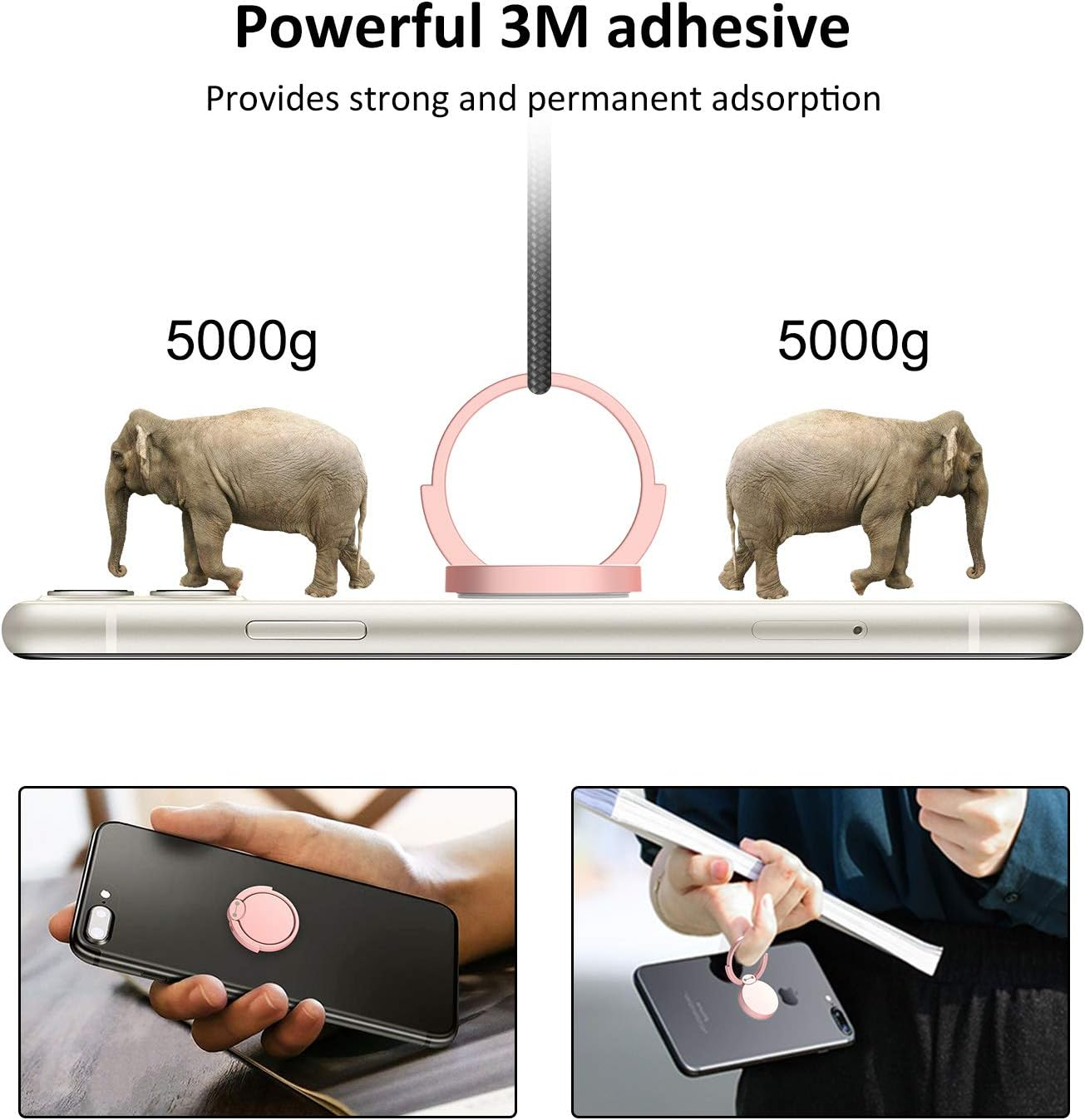 Das Bild zeigt ein Telefon mit rosa Ringhalter, Elefanten und dem Titel "Powerful 3M adhesive".