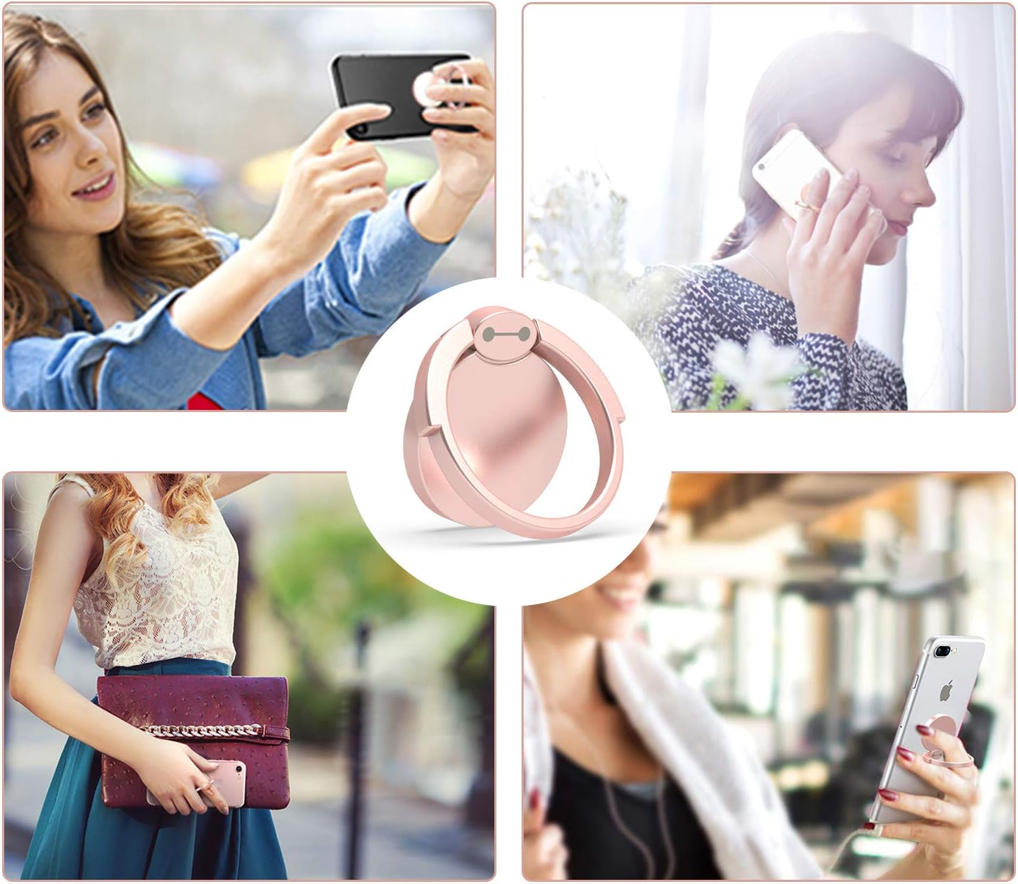 Eine Collage von Bildern zeigt Frauen, die Telefone mit Ringhaltern benutzen. Der mittlere Ringhalter ist rosa. Frauen unterschiedlicher Ethnien.