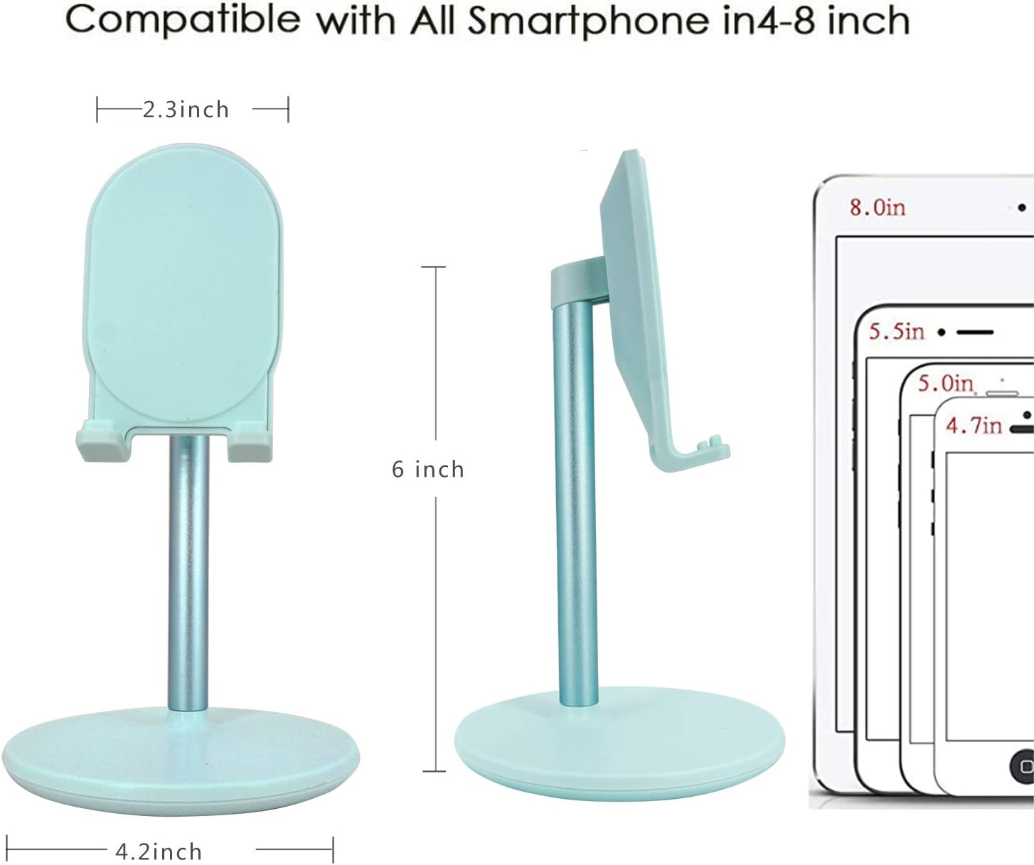 Das Bild zeigt einen hellblauen Telefonständer mit Größenangaben und drei Telefonumrissen. Text: 'Kompatibel mit allen Smartphones in4-8 Zoll'.