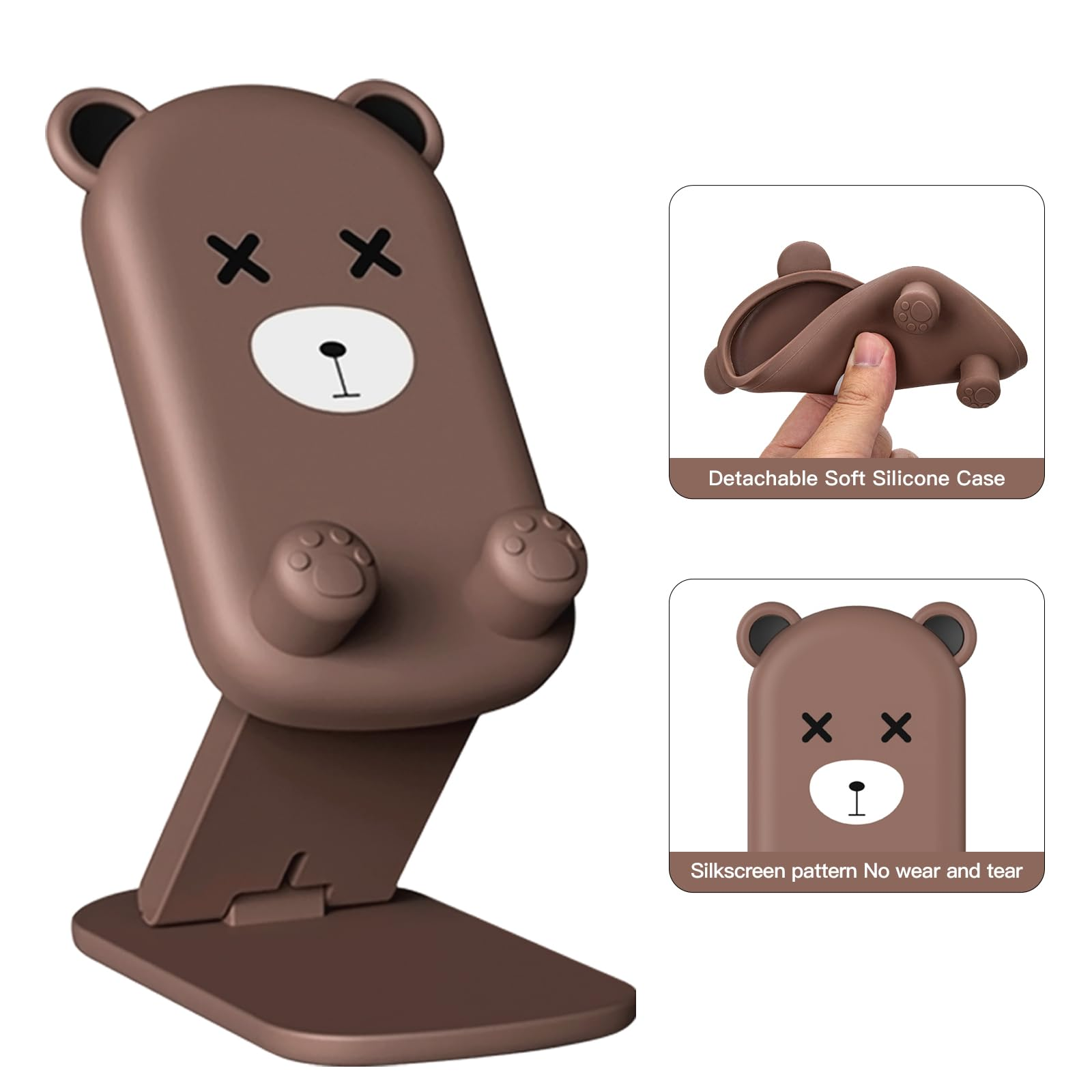 Ein brauner Bären-Handy-Ständer. Er hat ein Gesicht mit gekreuzten Augen, Pfoten und einen faltbaren Ständer. Zusätzliche Bilder zeigen Details.