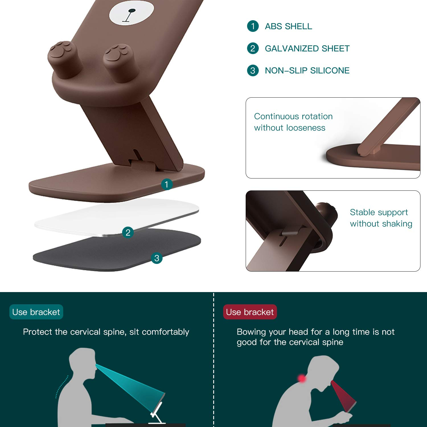 Ein brauner Bären-Telefonständer mit verstellbaren Winkeln, drei Schichten und Diagrammen, die seine Vorteile für die Gesundheit der Wirbelsäule zeigen.