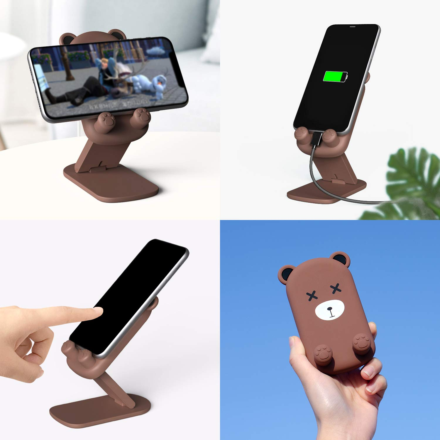 Ein brauner bärenförmiger Telefonständer hält ein Smartphone. Das Telefon zeigt ein Video an. Der Ständer hat ein Ladekabel.