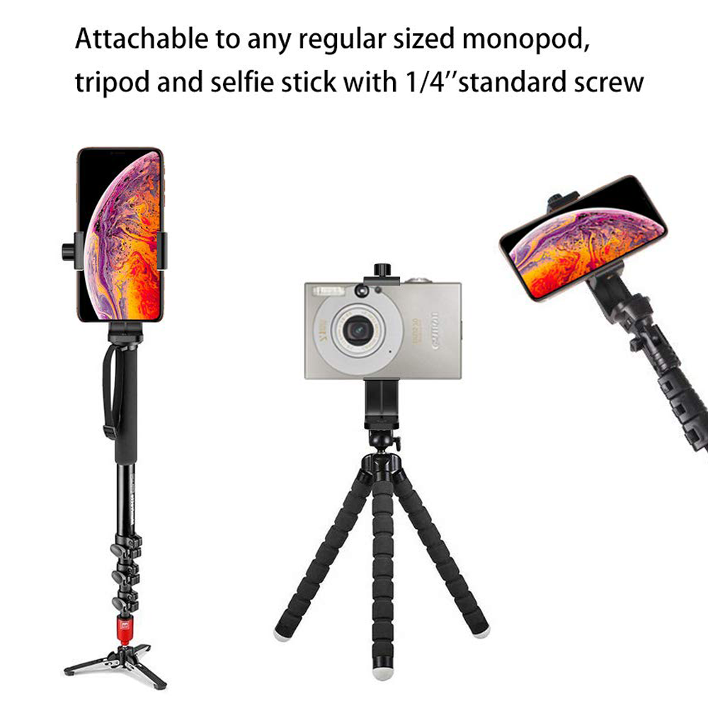 Das Bild zeigt ein Telefon und eine Kamera, die an verschiedenen Stativen und Selfie-Sticks befestigt sind. Text besagt die Kompatibilität.