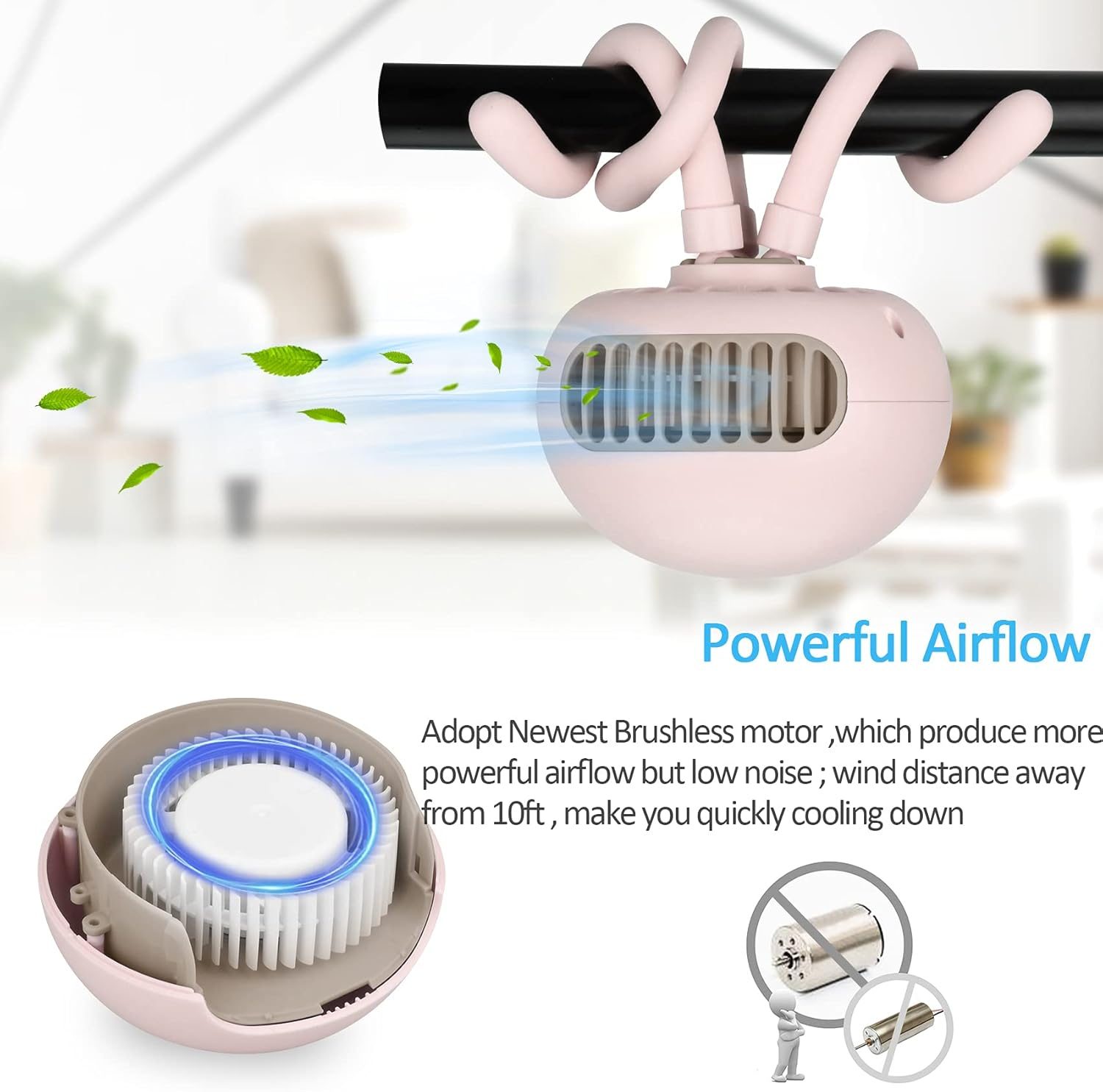 Ein rosa Ventilator hängt an einer schwarzen Stange. Blauer Luftstrom und grüne Blätter werden gezeigt. Der Text lautet: 'Powerful Airflow'.