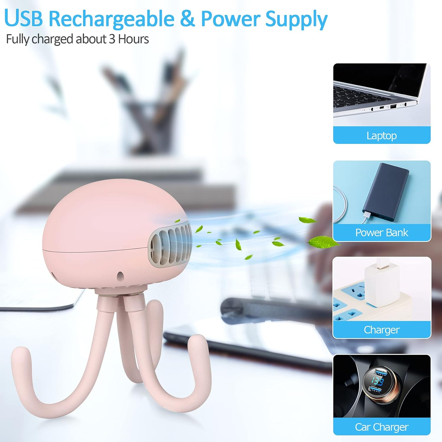 Ein rosa, oktopusförmiger Ventilator mit gebogenen Beinen, neben Abbildungen von Laptop, Powerbank, Ladegerät und Autoladegerät.